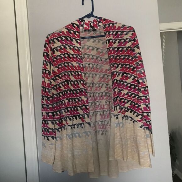 Nic+Zoe Linen Blend Cardigan Sweater Long Sleeve Sz PP‎ Coil Print Cream Pink - Picture 3 of 7